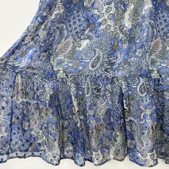 MARIE OLIVER Irena Mini Dress Size Large Silk Metallic Ruffle Smocked Boho Chic - Picture 7 of 15